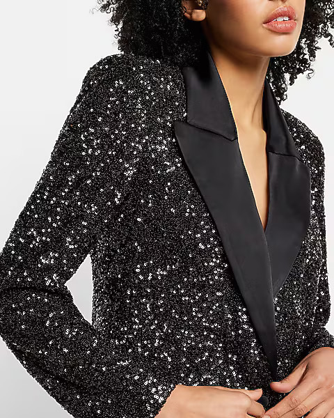 Sequin Peak Lapel Boyfriend Tuxedo Blazer | Express