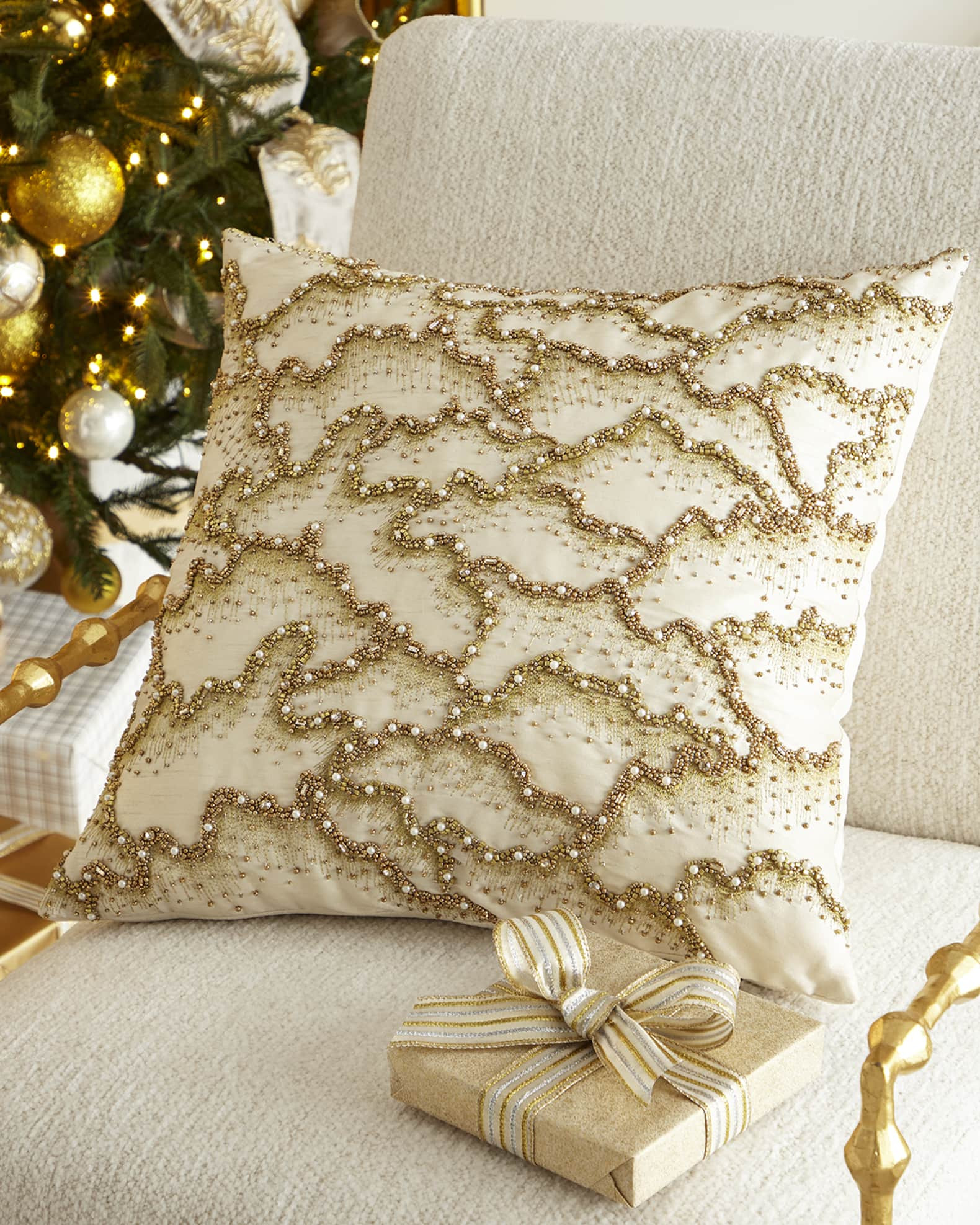 Neiman Marcus 20" Gold Christmas Beaded Mist Square Pillow | Neiman Marcus
