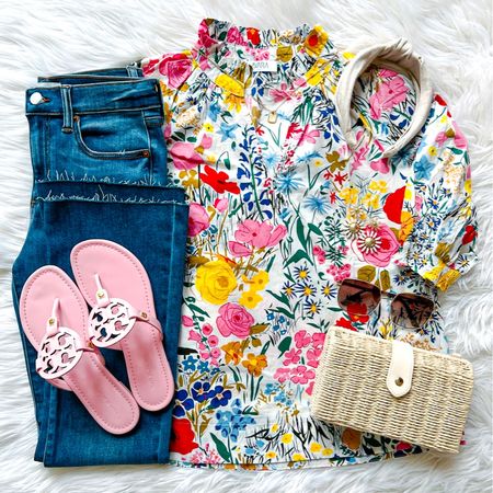 Happy Tuesday! We are loving this gorgeous new floral blouse! It’s the perfect combination of colors! And we found the best new frayed hem crop jeans! They are so comfy and run tts. Y’all will love them! And we are sooo excited that Tory Burch finally came out with the perfect pink Miller sandals! 🌸 Sizes are going quickly at several retailers so don’t want to grab a pair. They are even prettier in person! 🛍 Shop it all via the LTK app or head to our link in bio. We hope y’all have a great day! 

#LTKshoecrush #LTKstyletip