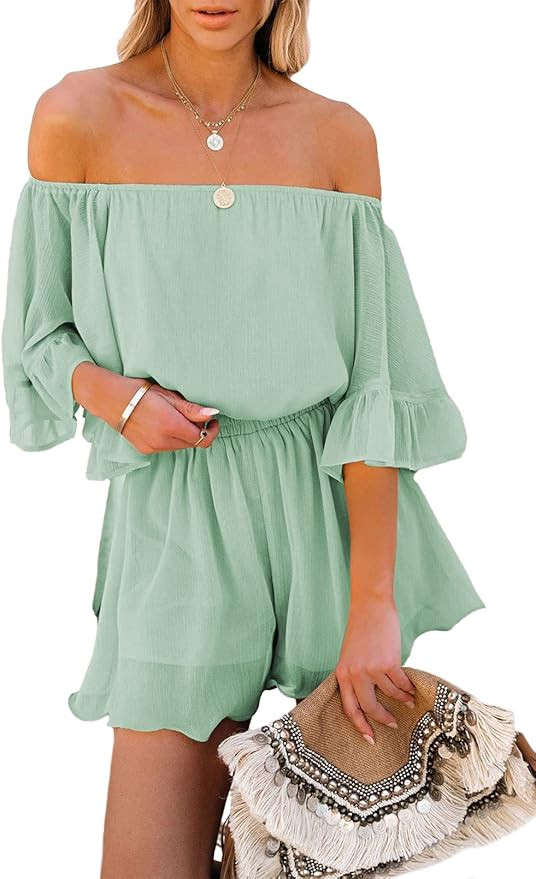 Fixmatti Women Boho Summer Romper Casual Floral Print Off Shoulder Strapless Shorts Jumpsuits | Amazon (US)