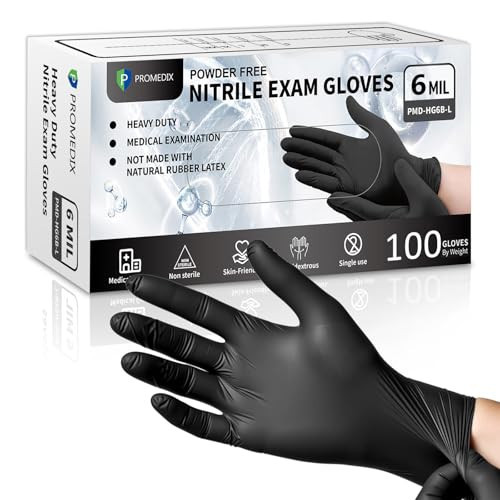 PROMEDIX P 6 Mil Nitrile Exam Gloves, Powder-Free Latex-Free Disposable, Black 100 Count Medical Grade Food Safe for Medical, Dental, Cleaning & Food Prep (Large) | Amazon (US)