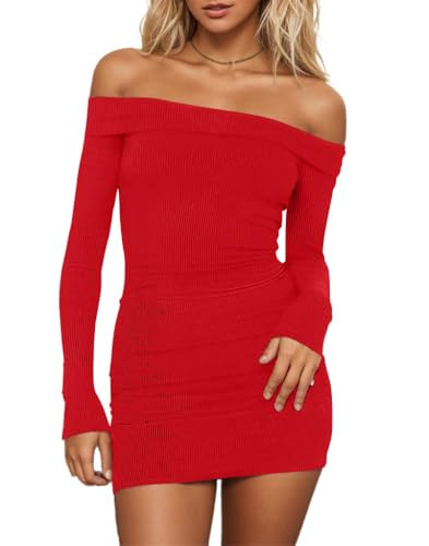 HYPERFIRE Women's Sexy Elegant Off The Shoulder Long Sleeve Dress Ribbed Party Mini Dresses Red X-Large | Amazon (US)