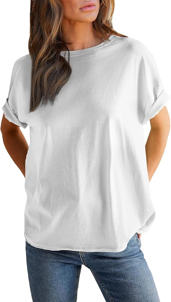 EVALESS Womens Fashion Summer Tops 2024 Crewneck Short Sleeve Oversized Tshirts Solid Color Tee S... | Amazon (US)