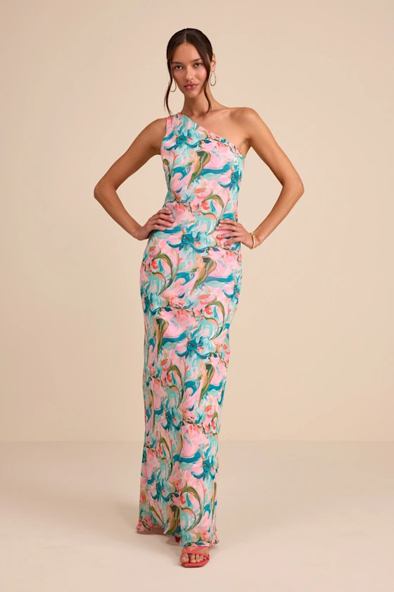Mikesha Pink Multi Abstract One-Shoulder Sash Maxi Dress | Lulus