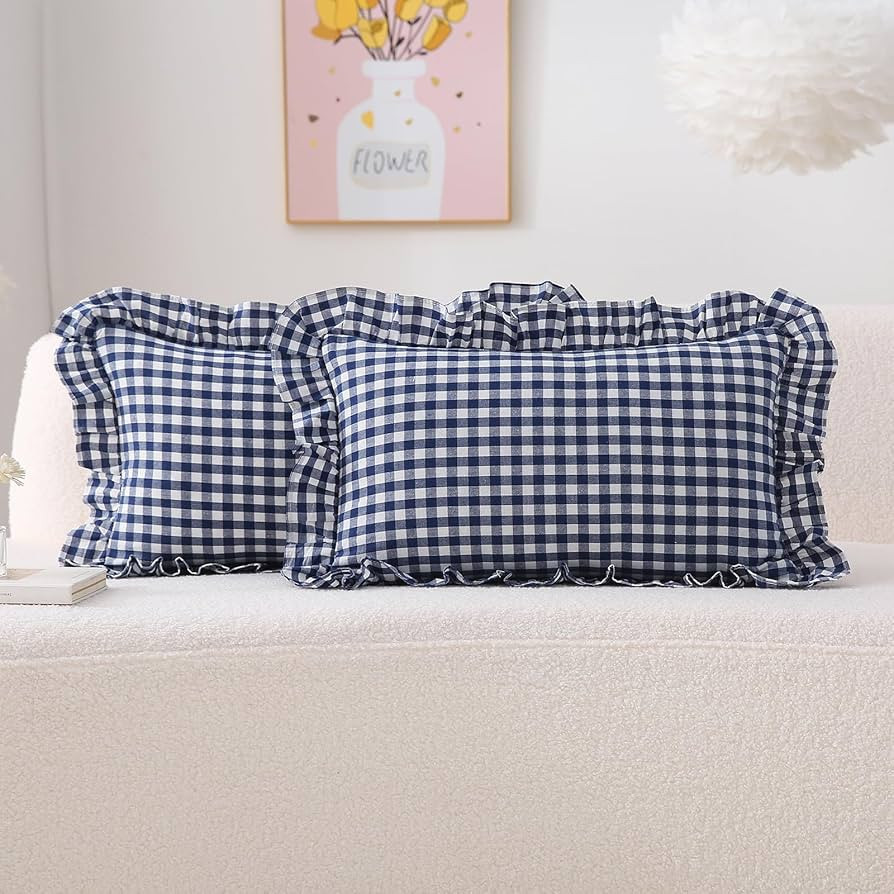 2 Pack Navy Blue Plaid Ruffle Gingham Lumbar Pillow Shams 12x20 inches, 100% Washed Cotton Checke... | Amazon (US)