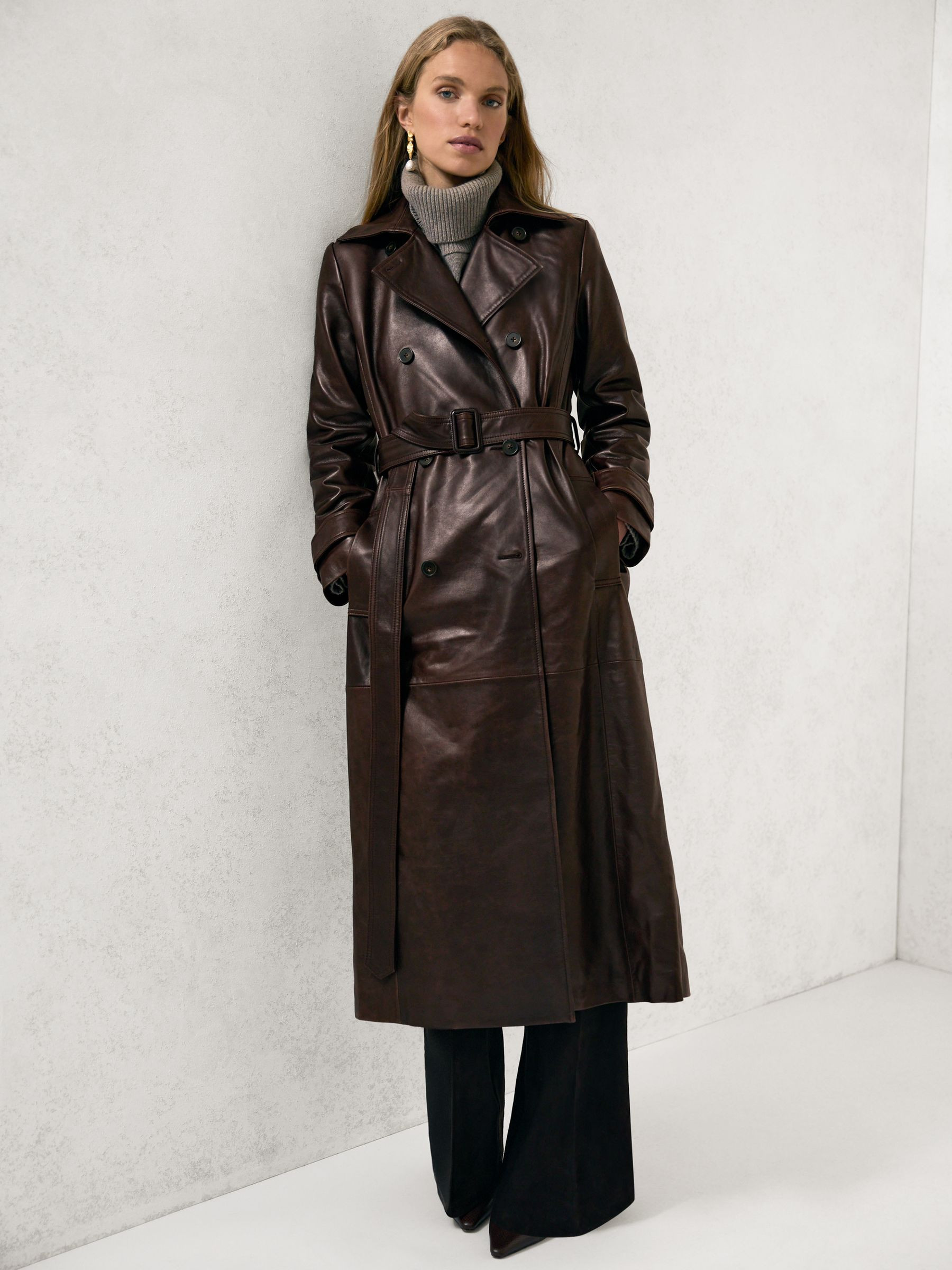 Reiss Leather Double-Breasted Trench Coat in Chocolate - REISS | Reiss UK