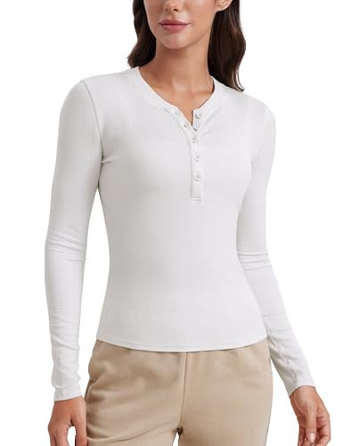 CRZ YOGA Ribbed Modal Casual Long Sleeve Henley Shirts for Women Soft Stretchy Knit Layering Basic Fitted Athletic Tops Milky White (Bone) X-Large | Amazon (US)