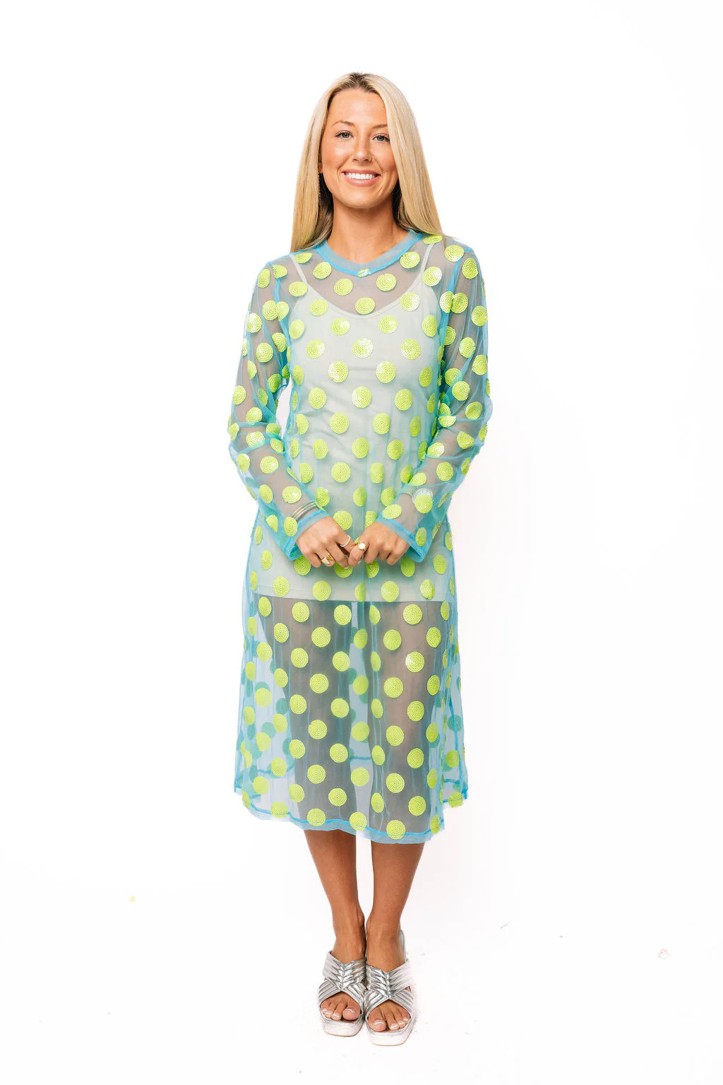 Blue & Neon Green Polka Dot Sheer Coverup Midi Dress | Queen of Sparkles