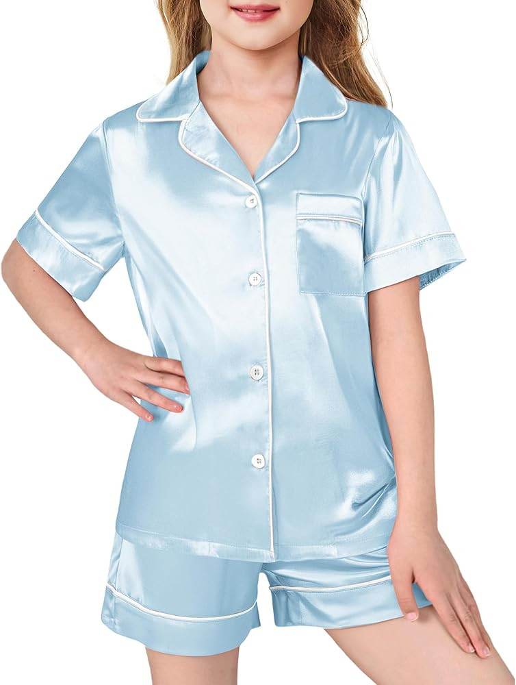 Arshiner Girls Pajamas Silk Satin Pajama Sleepwear Button Down Pj Set Loungewear | Amazon (US)