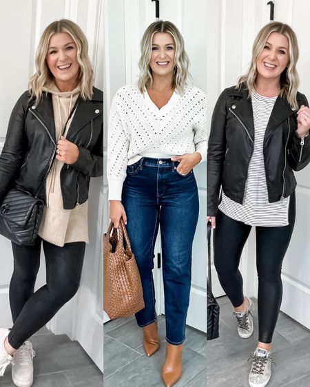 January recap. Sharing the most loved looks!

Madewell leather Moto- size up one 
Express sweater TTS
Express straight leg ankle jeans TTS
Spanx Faux leather leggings- wearing a medium petite 
Amazon Striped sweatshirt - wearing a medium for an oversized look. A small would have been ok too  

#LTKunder100 #LTKSeasonal #LTKunder50