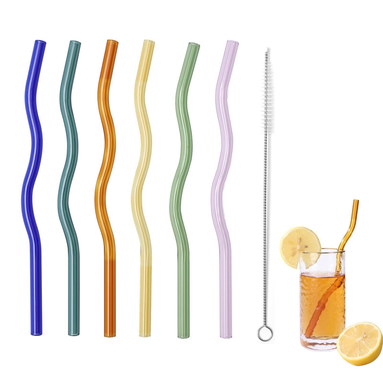 6 Pcs Wavy Glass Straws, 7.87"×8mm Reusable Colorful Glass Straws,With 1 Cleaning Brush-Perfect ... | Amazon (US)