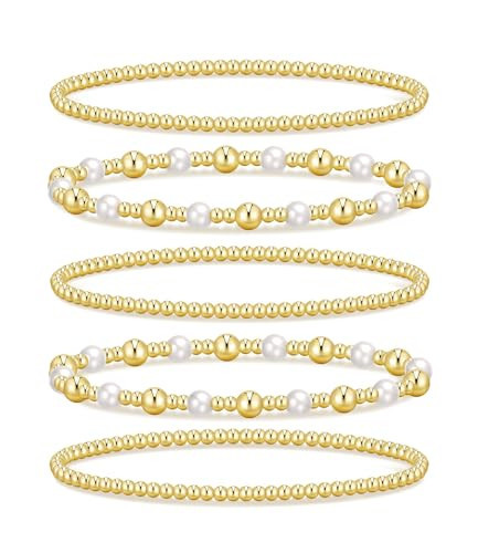 iF YOU Gold Beaded Bracelets for Women, 14K Gold Plated Pearl Bead Bracelets Stack, Trendy Stackable Stretch Ball Bracelet Set Jewelry (Gold pearl small bead) | Amazon (US)