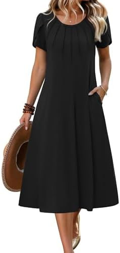 Zeagoo Womens Casual Summer Dress 2026 Petal Short Sleeve Dresses with Pleats Midi A Line Flowy D... | Amazon (US)