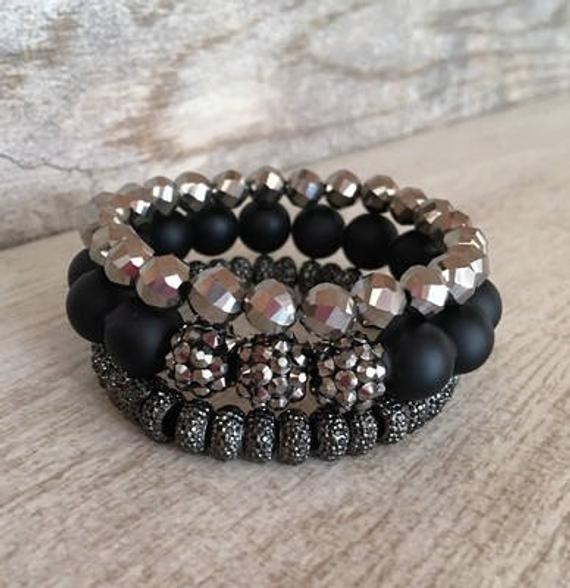 Black Sparkle, bracelet stack, beaded bracelets, handmade bracelets, womens jewelry | Etsy (US)