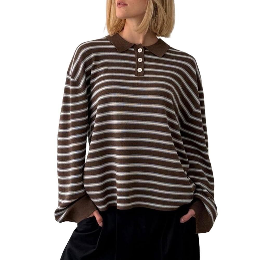 Oversized Striped Sweater for Women Collared Long Sleeve Preppy Polo Sweater Vintage Aesthetic Kn... | Amazon (US)