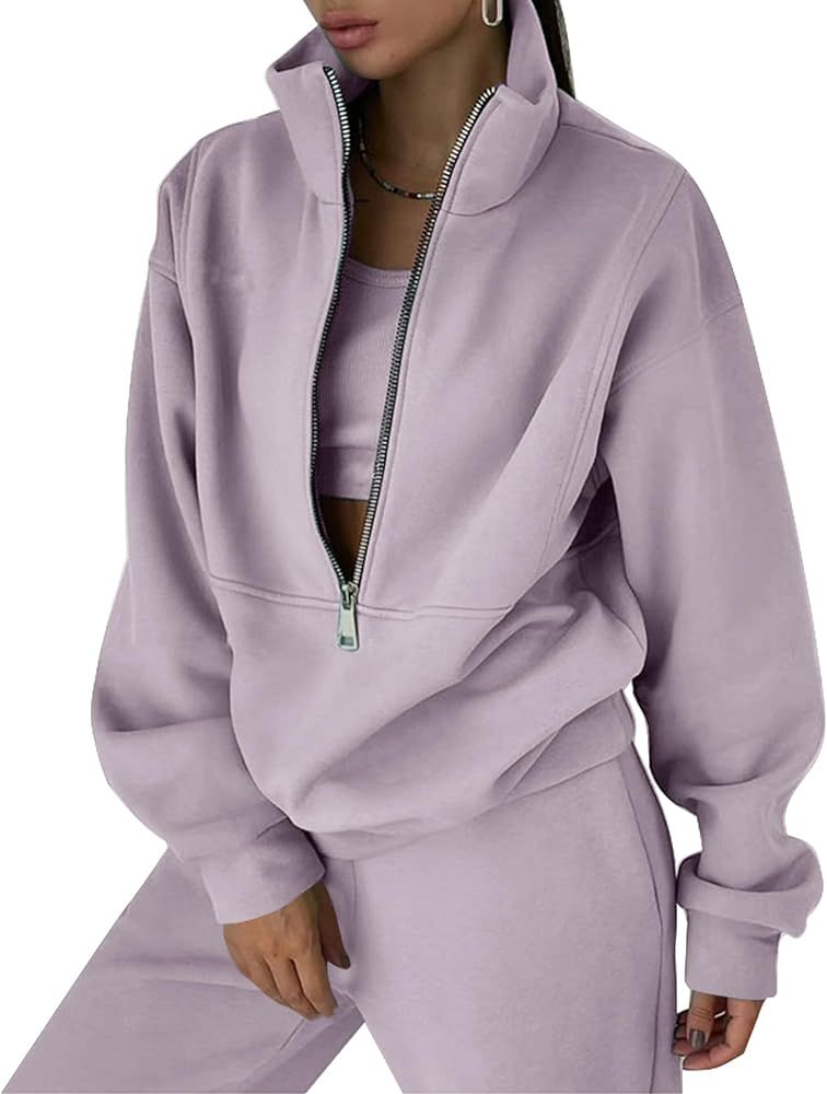 COZYPOIN Women Fleece 2 Piece Outfit Half Zip Sweatshirt And Joggers Sweatpants Y2K Set Tracksuit | Amazon (US)