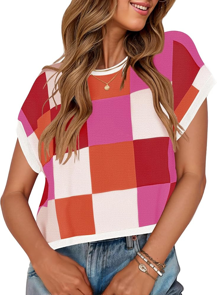 ZESICA Womens Summer Casual Printed Tops Cap Sleeve Crew Neck Cute Knit Sweaters 2025 Trendy Clot... | Amazon (US)