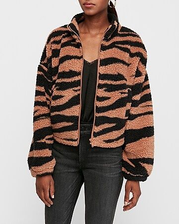 tiger print sherpa full zip sweatshirt | Express