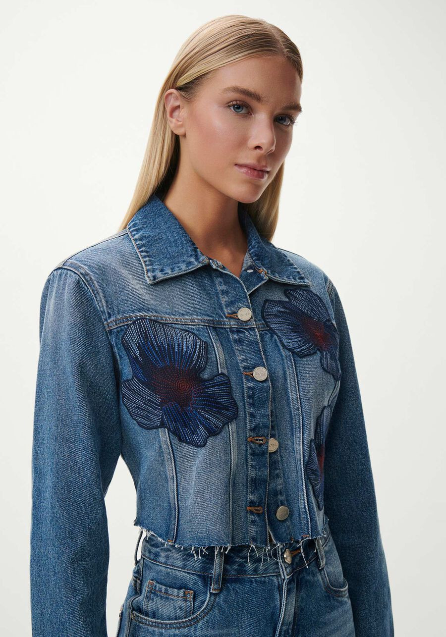 Jaqueta Jeans Cropped Com Bordado Flores | Lezalez (BR)