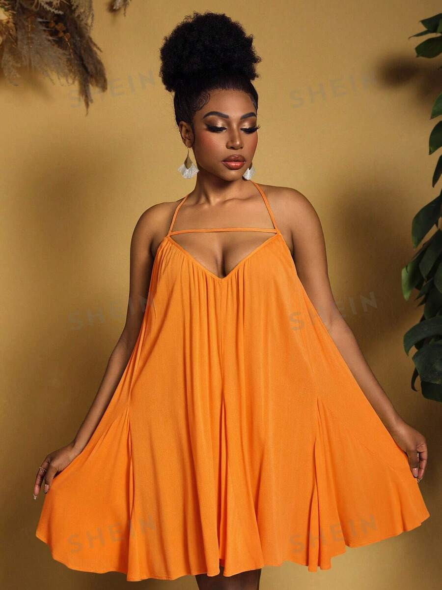 SHEIN Slayr Plus Size Solid Color Hollow Out Big A-Line Halter Neck Backless Dress | SHEIN