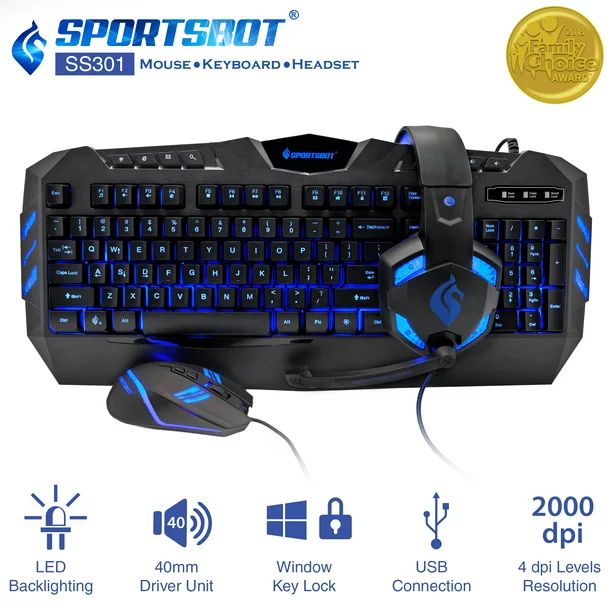 Sportsbot SS301 Blue LED Gaming Over-Ear Headset, Keyboard & Mouse Combo Set | Walmart (US)