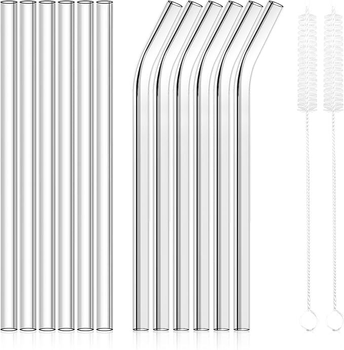 HAUTOCO 12 Pack Reusable Glass Straws Clear Drinking Straw 8.5"x10mm, 6 Straight and 6 Bent Glass... | Amazon (US)