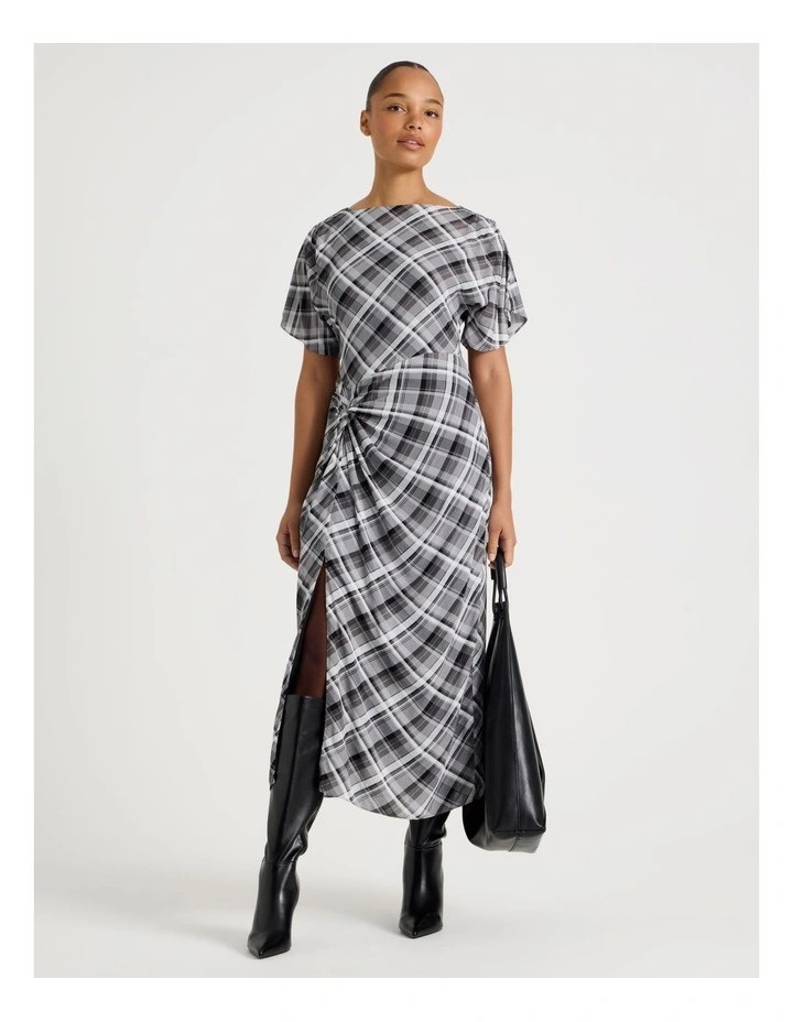 BlaqGathered Detail Midi Dress in Grey Check | Myer