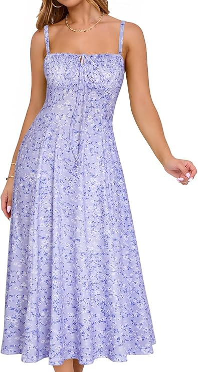 YATHON Women's Summer Midi Corset Boho Dresses Spring Casual Floral Spaghetti Straps Lace Up Dres... | Amazon (US)