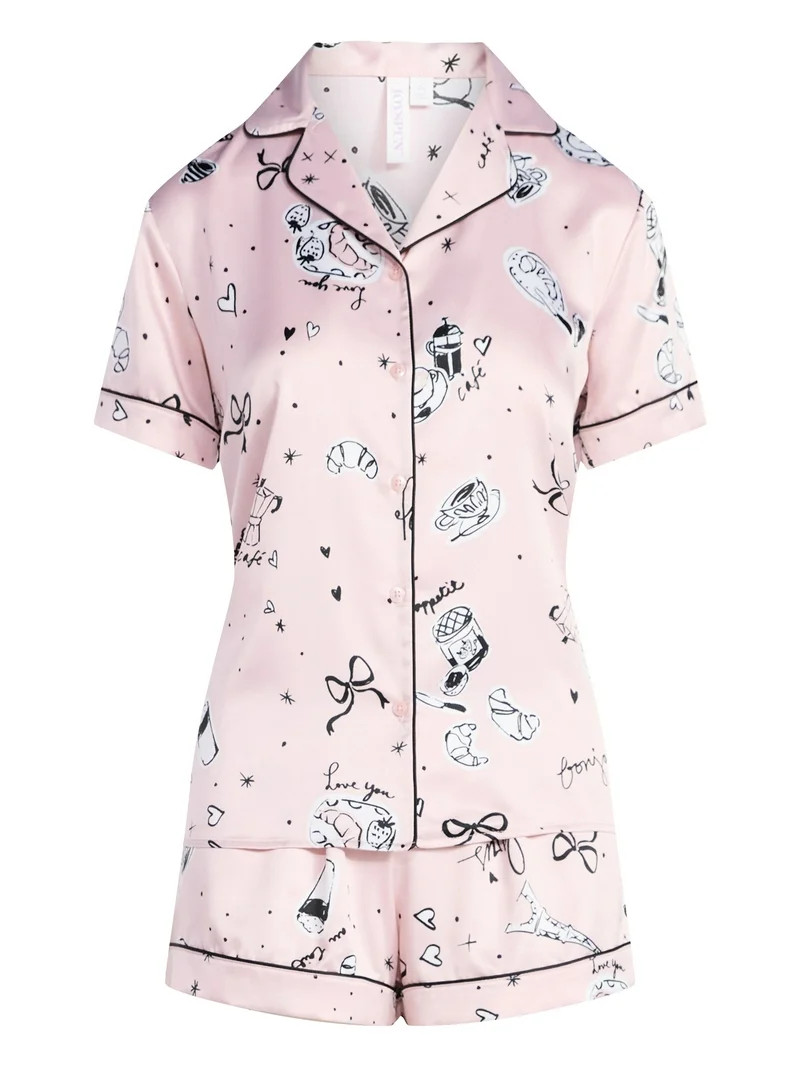 Joyspun Women’s Stretch Satin Short Sleeve Top and Shorts Pajama Set, Sizes XS-3X | Walmart (US)