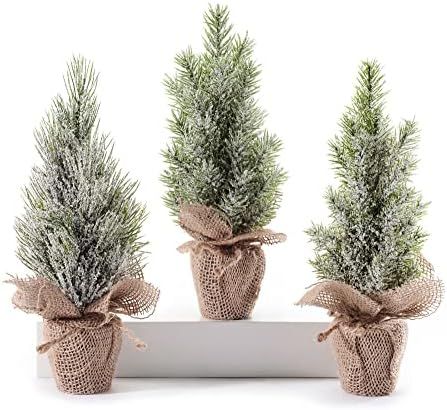 Set of 3 Artificial Mixed Pine Snow Flocked Tabletop Christmas Trees in Burlap Wrapped Bases, 12 ... | Amazon (US)