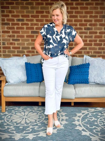 Navy and White Floral Top Size Large | Similar White Jeans | Amazon Finds | Neutral Wedges | Date Night | Office Outfits 

#LTKStyleTip #LTKOver40 #LTKMidsize