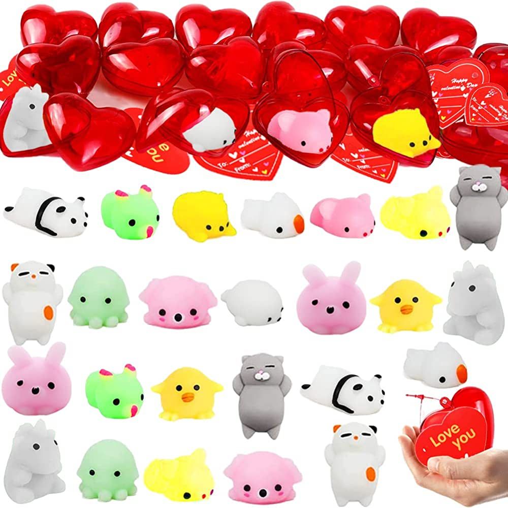 Valentines Party Favors Set, 28 Pcs Mochi Squishy Toys Filled Hearts and Valentines Day Cards for... | Amazon (US)