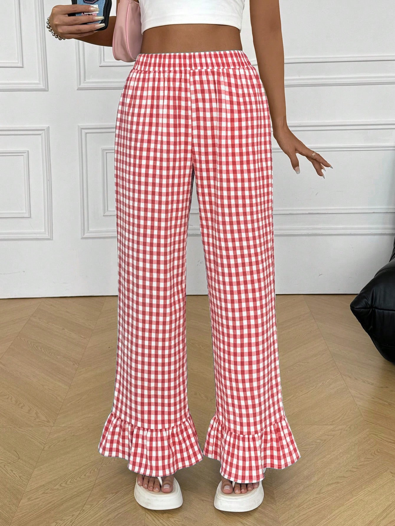 SHEIN EZwear Women Casual Plaid Ruffle Hem Palazzo Pants, For Everyday Wear | SHEIN USA | SHEIN