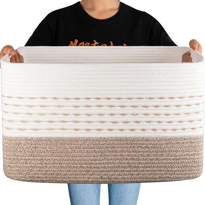 OIAHOM 75L Extra Large Blanket Basket, 22”x17”x15” Rectangle Woven Cotton Rope Baskets for ... | Amazon (US)