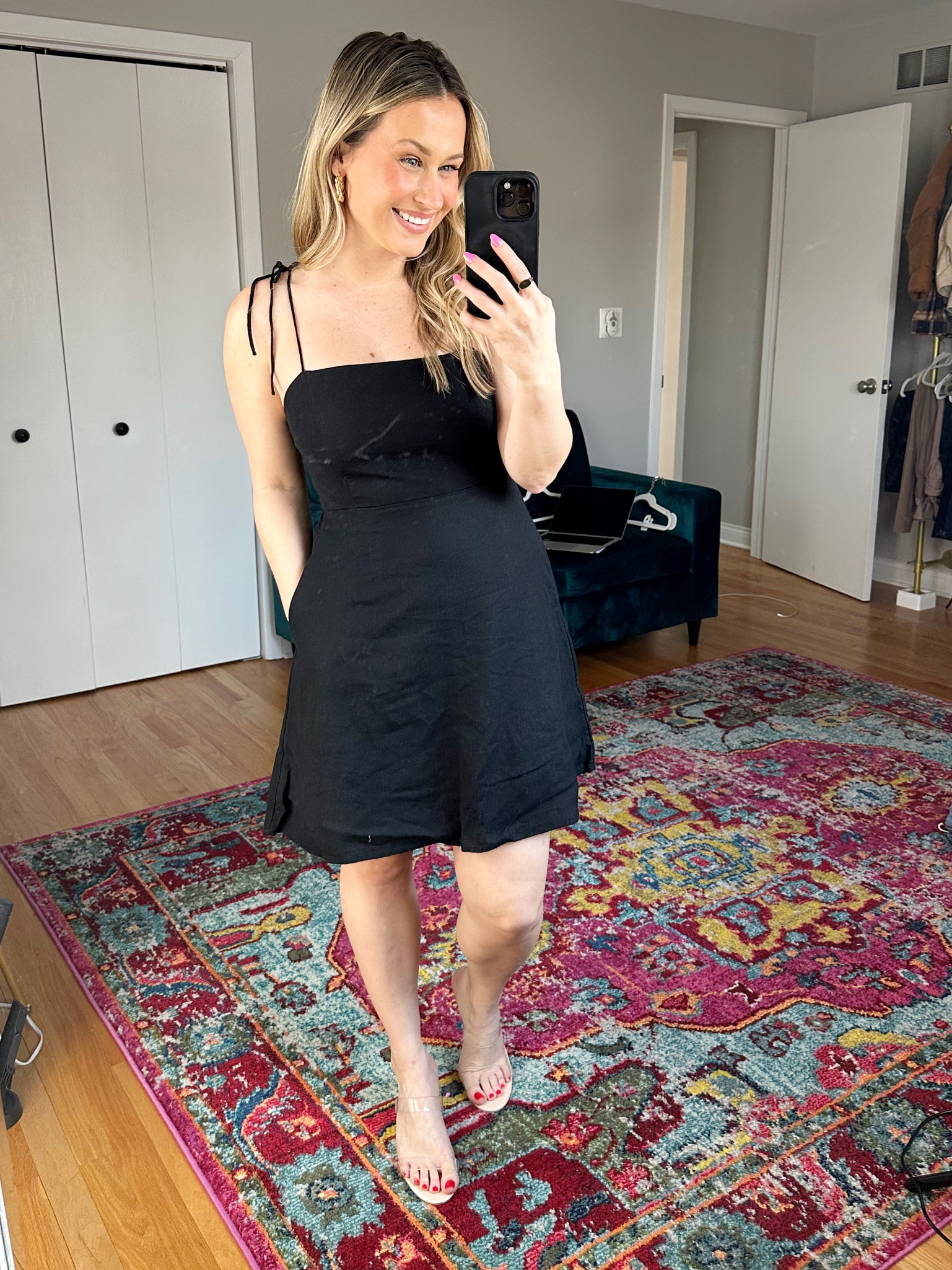 Spring dresses / this linen dress would be a perfect vacation dress or Easter dress and it’s on sale today! / also linked these sandals and gold hoops are they are both amazon finds #easterdress #springdress #littleblackdress 

#LTKunder50 #LTKshoecrush #LTKsalealert
