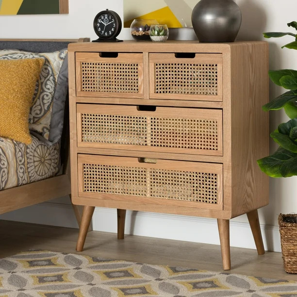 Baxton Studio Alina Mid-Century Modern Medium Oak Finished Wood and Rattan 4-Drawer Accent Chest | Walmart (US)