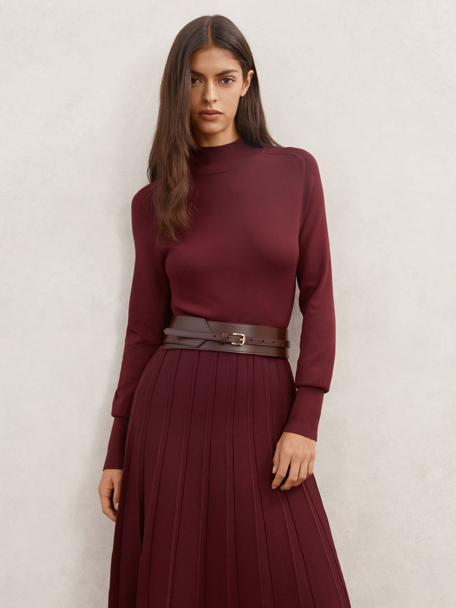 Reiss Belted Knit Pleated Midi Dress in Raspberry Red - REISS | Reiss UK