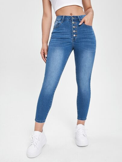 Button Fly Moustache Effect Skinny Jeans | SHEIN