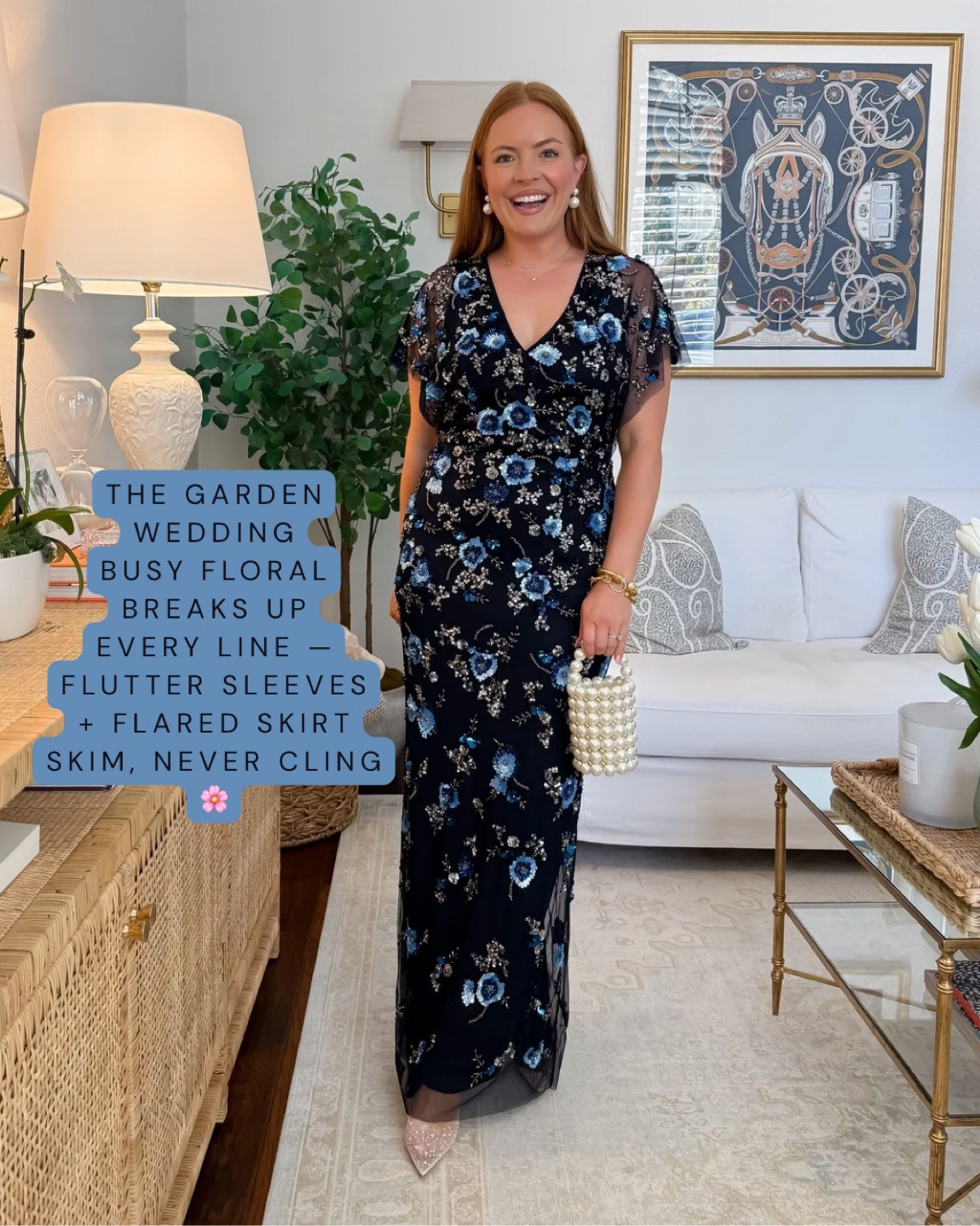 Size 6
The garden wedding dress 🌸 A navy floral maxi that's pretty with coverage — flutter sleeves skim the arms, the V-neck elongates your frame, and the flared skirt floats over the stomach (never clings). Busy florals break up every line, making this the easiest flattering trick in the book.

#fallweddingguestdress #weddingguestdress #gardenwedding #floralmaxidress #fallweddingoutfit #mompoochfriendly