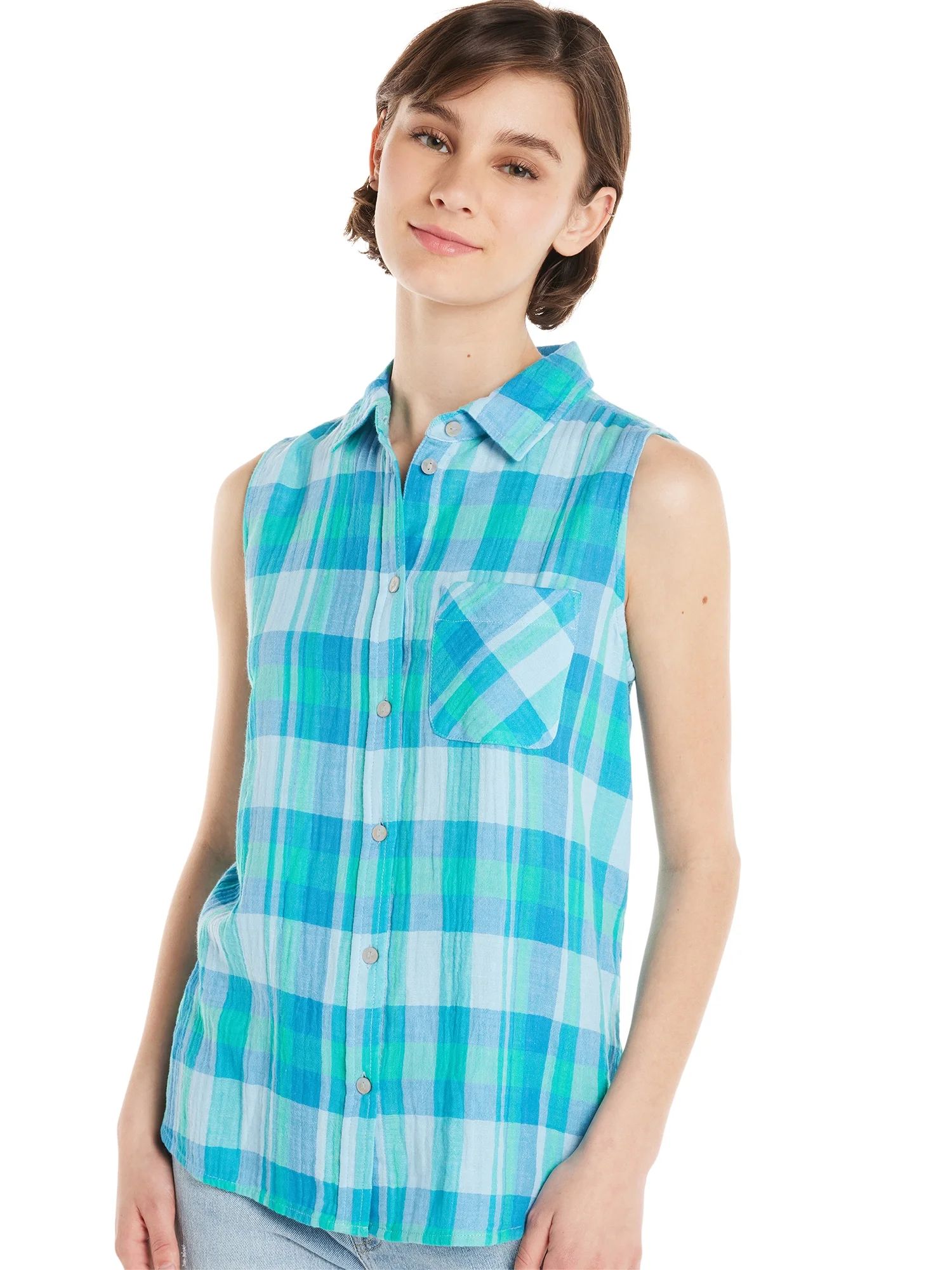 Time and Tru Women's Sleeveless Button Down Top, Sizes XS-XXXL | Walmart (US)