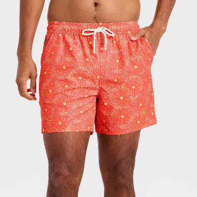 Men's 5'' Swim Trunks with Boxer Brief Liner - Goodfellow & Co™ Coral Orange Floral L | Target