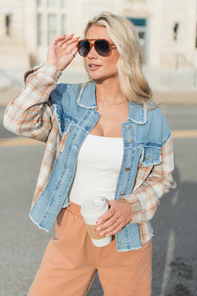 Leads To You Brown Plaid and Denim Jacket | Pink Lily
