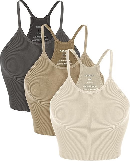 ODODOS Women's Crop 3-Pack Seamless Rib-Knit Camisole Crop Tank Tops | Amazon (US)
