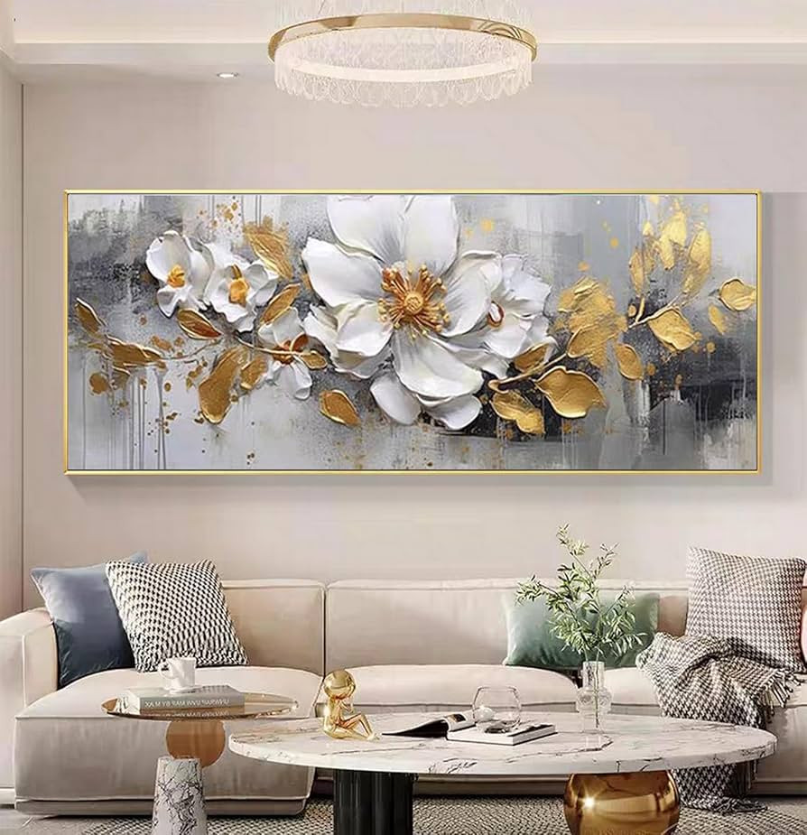 White Flower and Golden Leaf Wall Art for Living Room Hand Painted Floral Oil Painting on Canvas ... | Amazon (US)