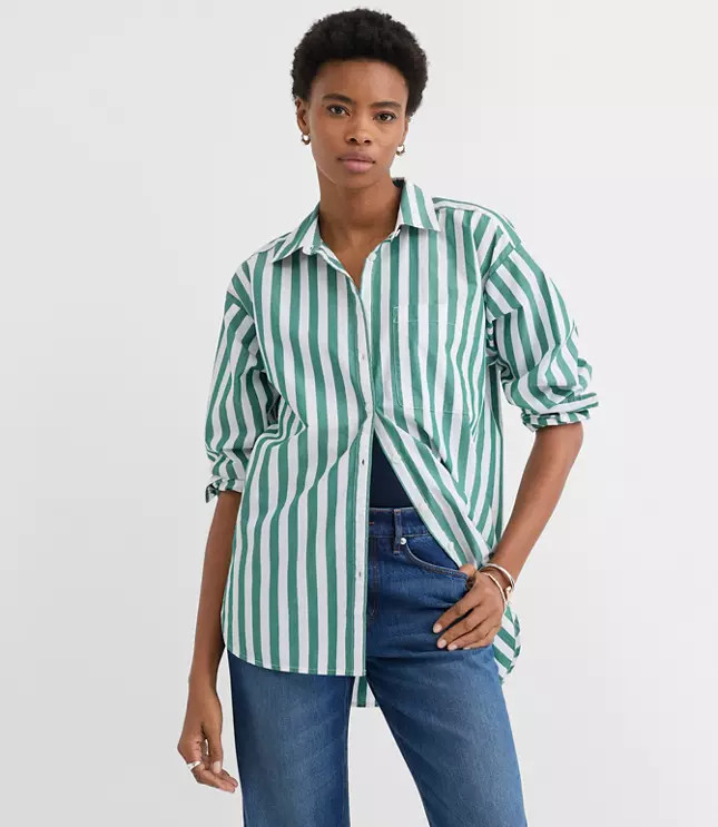 Striped Poplin Everyday Oversized Pocket Shirt | LOFT