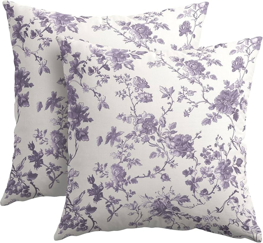 Lavender Purple Floral Pillow Covers 18x18 Inch Set of 2 Purple and Cream Chinoiserie Flower Outd... | Amazon (US)