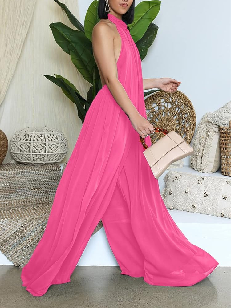 Ekaliy Women’s Sexy Summer Jumpsuit Halter Neck Sleeveless Chiffon Wide Leg Long Pant Jumpsuit ... | Amazon (US)