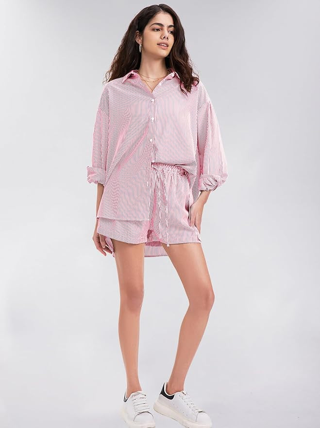 EXLURA Women's Cotton Summer 2 Piece Sets Long Sleeve Button Down Shirts Matching Short Sets Beac... | Amazon (US)