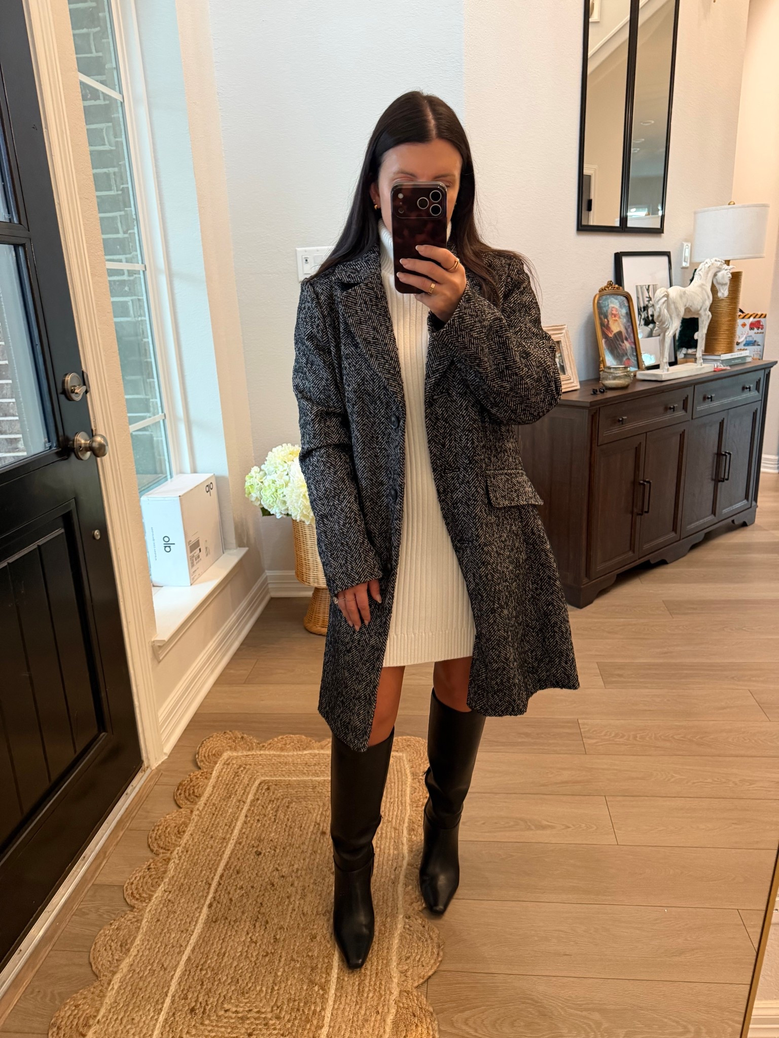 OOTD 🤍 My go-to winter outfit formula: ribbed knit dress + tailored coat + knee-high boots. Classic, chic, and easy to recreate — everything linked. 

#LTKgrwm #LTKPetite #LTKootd