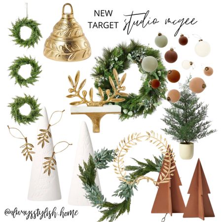 New studio mcgee holiday decor at target! Christmas decor, wreath, garland, cognac Christmas tree, white tree, reindeer stocking holder, gold bell, ornaments, gold wreath, home decor

#LTKHoliday #LTKhome